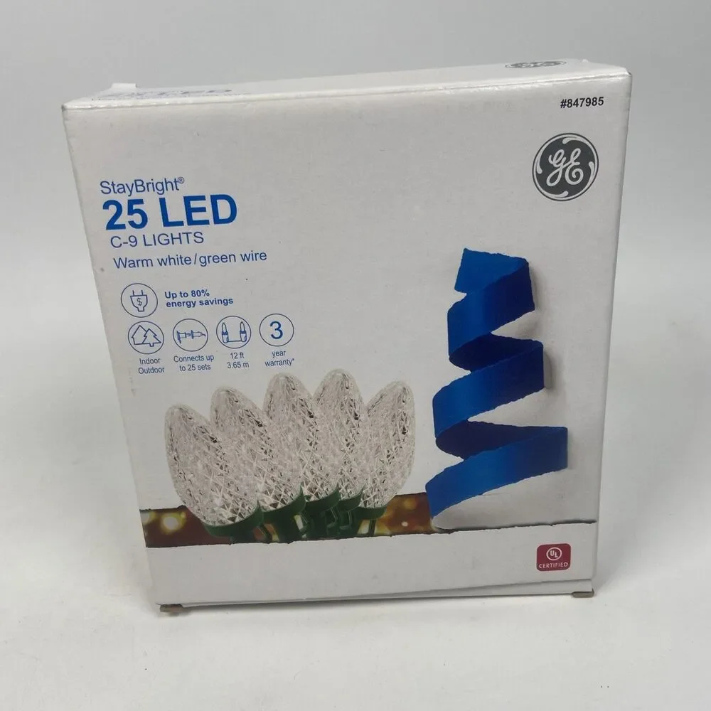 GE 25 CT StayBright C9 LED Christmas Light String Set Warm White Green 12 Feet